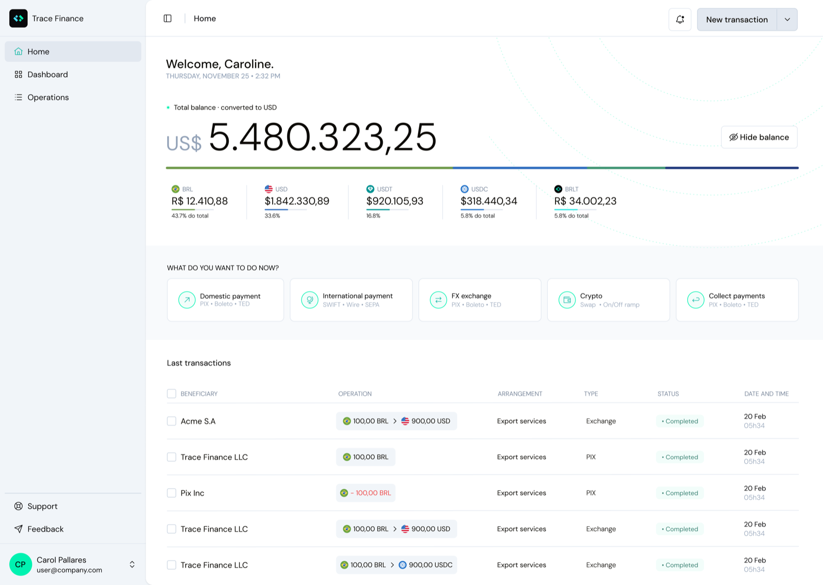 Trace Finance dashboard &mdash; balances, conversions, payouts and approvals in one place